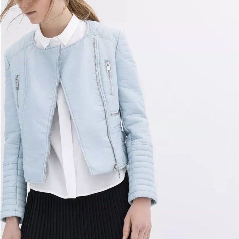 Zara pastel baby blue vegan leather moto jacket